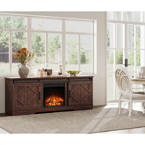 WAMPAT Fireplace TV Stand Farmhouse Sliding Barn Door Entertainment Center for TVs Up to 75 inches, Rustic Brown