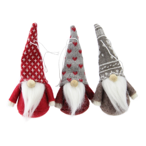 Santa Gnome Christmas Ornaments - 4.5" - Red and Brown - Set of 3