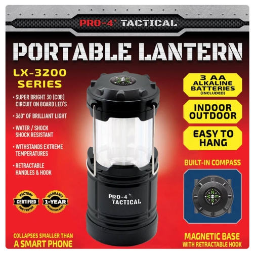 Pro-4 Tactical Portable Lantern with Built-In Compass 9572, Indoor/Outdoor, 3 AA Batteries Included