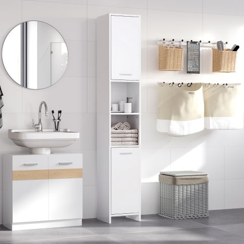 HOMCOM – Armoire de salle de bain mince, grande armoire de rangement de salle de bain avec 2 portes, compartiment ouvert et tablettes réglables, blanc