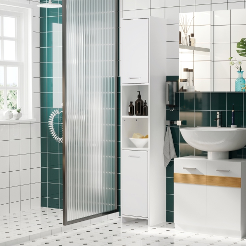 HOMCOM – Armoire de salle de bain mince, grande armoire de rangement de salle de bain avec 2 portes, compartiment ouvert et tablettes réglables, blanc