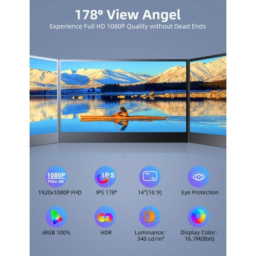 14 Inch Portable Monitor Freestanding, 1080P FHD IPS HDR Laptop Screen Gaming Display, External USB C HDMI Monitor For Laptop Phone Xbox Switch PS4/5