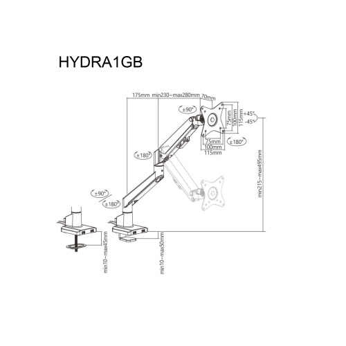 Amer Mounts Single Monitor Mount with Hydralift Pneumatic Arm - Clamp and Grommet Included - 9kg per display - 10YR Warranty - HYDRA1GB