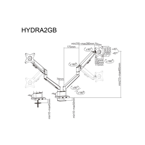 Amer Mounts Dual Monitor Mount with Hydralift Pneumatic Arms - Clamp and Grommet Included - 9kg per display - 10YR Warranty - HYDRA2GB