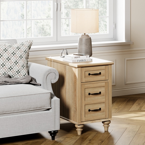 WAMPAT End Table with Charging Station, Side Table with Drawer and Storage Cabinet, Nightstand with Power Outlets USB Ports