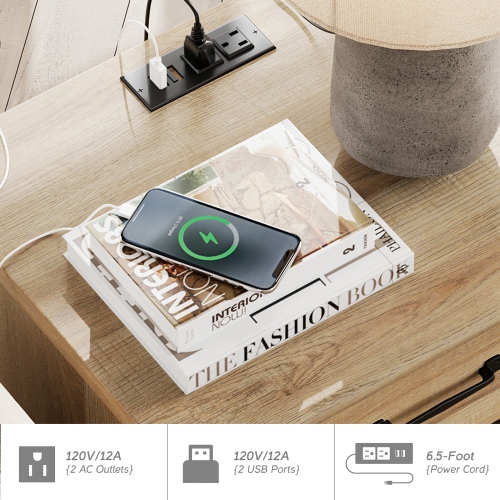 WAMPAT End Table with Charging Station, Side Table with Drawer and Storage Cabinet, Nightstand with Power Outlets USB Ports