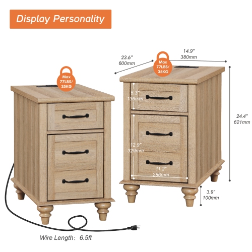 Ensemble de 2 tables d'extrémité WAMPAT avec station de chargement, table d'appoint avec tiroir et armoire de rangement, tables de chevet avec prises
