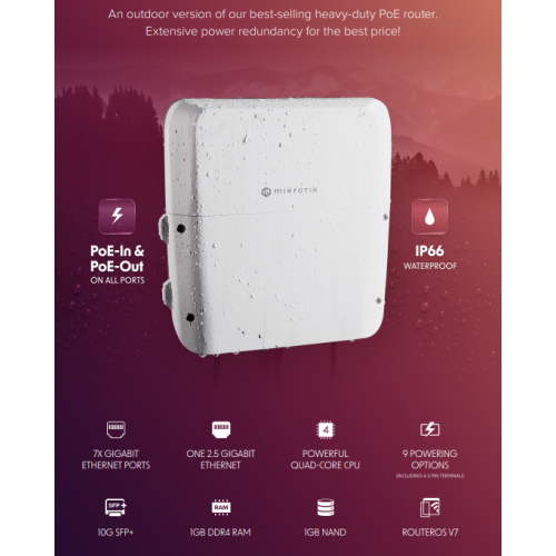 RB5009UPr+S+OUT7x Gigabit Ethernet ports, 1x 2.5 Gigabit Ethernet, 10G SFP+, 1GB of RAM, 1GB NAND, modern quad-core CPU, 9 powering options, durable