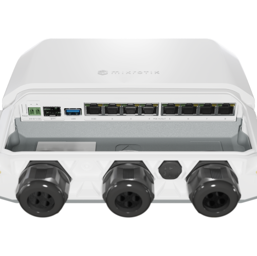 RB5009UPr+S+OUT7x Gigabit Ethernet ports, 1x 2.5 Gigabit Ethernet, 10G SFP+, 1GB of RAM, 1GB NAND, modern quad-core CPU, 9 powering options, durable