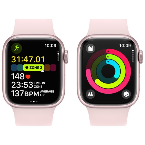 Remis à neuf - Apple Watch Series 9 (GPS) avec boîtier 41 mm en aluminium rose et bracelet sport rose - petit/moyen