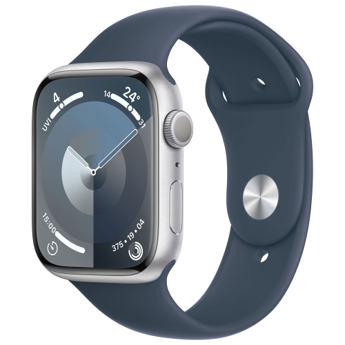Refurbished - Apple Watch Series 9 (GPS) 45mm Silver Aluminum Case with Storm Blue Sport Band - Small / Medium