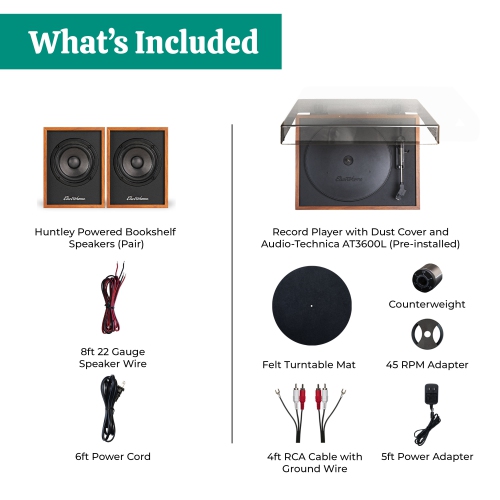 Electrohome Montrose Vinyl Record Player with Huntley, Powered Bluetooth Bookshelf Speakers for Warm Natural Sound, Teak