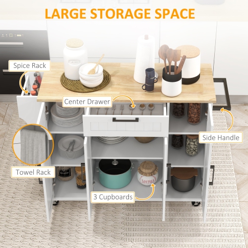 HOMCOM – îlot de cuisine avec rangement, chariot de cuisine roulant avec dessus en hévéa, tiroir, support à épices, porte-serviettes, armoire de