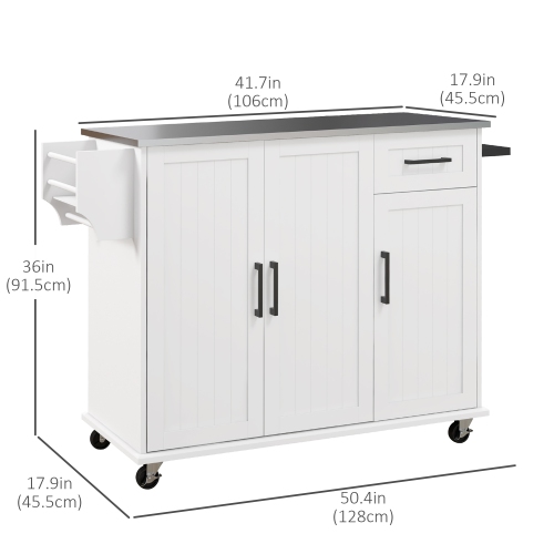 HOMCOM Kitchen Island with Storage, Rolling Kitchen Cart on Wheels, Kitchen Island with Storage, Drawer, 3 Cabinets, Stainless Steel Countertop,