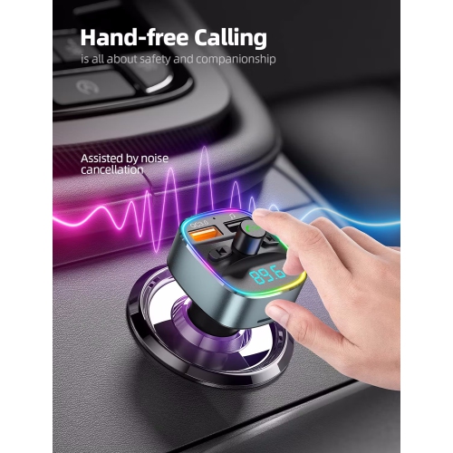 NIERBO Bluetooth FM Transmitter for Car, Upgraded QC3.0 & 5V/1A Dual USB Charger Bluetooth Car Adapter Wireless Radio, 7-Color LED Backlit Light,