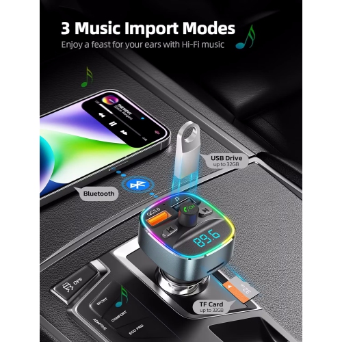 NIERBO Bluetooth FM Transmitter for Car, Upgraded QC3.0 & 5V/1A Dual USB Charger Bluetooth Car Adapter Wireless Radio, 7-Color LED Backlit Light,