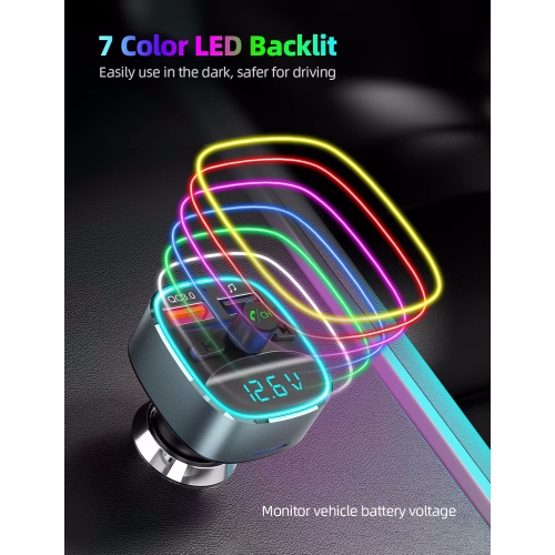 NIERBO Bluetooth FM Transmitter for Car, Upgraded QC3.0 & 5V/1A Dual USB Charger Bluetooth Car Adapter Wireless Radio, 7-Color LED Backlit Light,