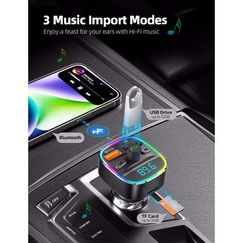 NIERBO Bluetooth FM Transmitter for Car, Upgraded QC3.0 & 5V/1A Dual USB Charger Bluetooth Car Adapter Wireless Radio, 7-Color LED Backlit Light,