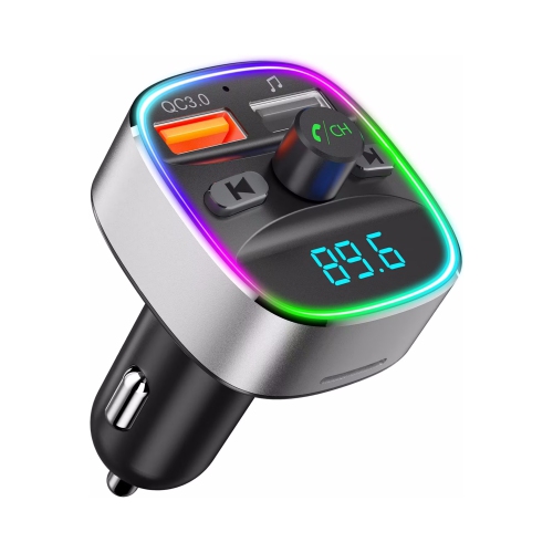 NIERBO Bluetooth FM Transmitter for Car, Upgraded QC3.0 & 5V/1A Dual USB Charger Bluetooth Car Adapter Wireless Radio, 7-Color LED Backlit Light, Han