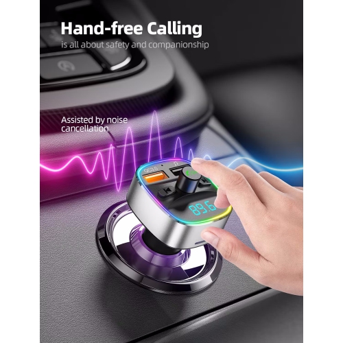 NIERBO Bluetooth FM Transmitter for Car, Upgraded QC3.0 & 5V/1A Dual USB Charger Bluetooth Car Adapter Wireless Radio, 7-Color LED Backlit Light,