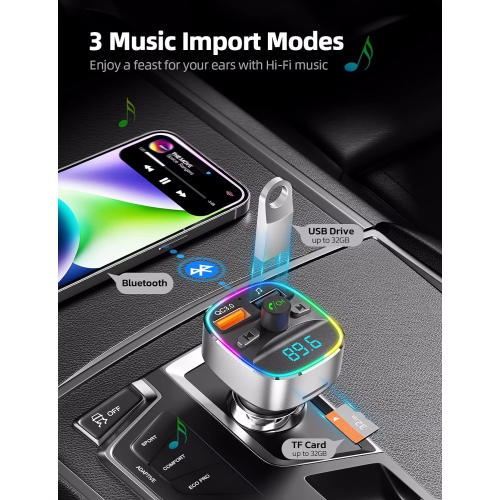 NIERBO Bluetooth FM Transmitter for Car, Upgraded QC3.0 & 5V/1A Dual USB Charger Bluetooth Car Adapter Wireless Radio, 7-Color LED Backlit Light,
