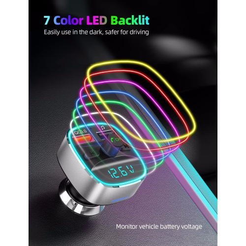 NIERBO Bluetooth FM Transmitter for Car, Upgraded QC3.0 & 5V/1A Dual USB Charger Bluetooth Car Adapter Wireless Radio, 7-Color LED Backlit Light,