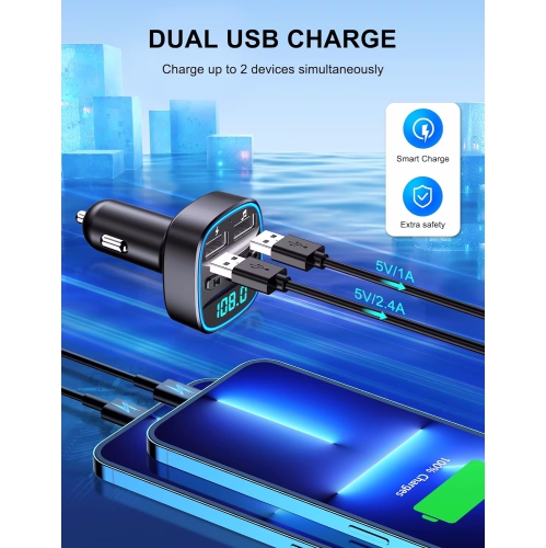 NIERBO FM Transmitter for Car Bluetooth 5.0, Ambient Light Bluetooth Car Kit, 2.4A & 1A Dual USB Ports Car Charger, Wireless Radio Bluetooth Car