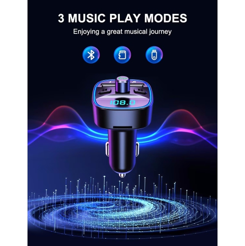 NIERBO FM Transmitter for Car Bluetooth 5.0, Ambient Light Bluetooth Car Kit, 2.4A & 1A Dual USB Ports Car Charger, Wireless Radio Bluetooth Car