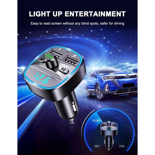 NIERBO FM Transmitter for Car Bluetooth 5.0, Ambient Light Bluetooth Car Kit, 2.4A & 1A Dual USB Ports Car Charger, Wireless Radio Bluetooth Car