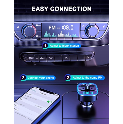 NIERBO FM Transmitter for Car Bluetooth 5.0, Ambient Light Bluetooth Car Kit, 2.4A & 1A Dual USB Ports Car Charger, Wireless Radio Bluetooth Car