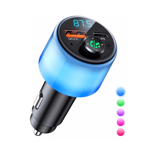 NIERBO FM Transmitter for Car Bluetooth 5.3, [All-Over Glow] PD30W + QC 3.0 Dual-Port Fast Car Charger, Wireless FM Radio Bluetooth Car Adapter with