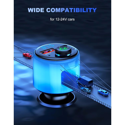 NIERBO FM Transmitter for Car Bluetooth 5.3, [All-Over Glow] PD30W + QC 3.0 Dual-Port Fast Car Charger, Wireless FM Radio Bluetooth Car Adapter with