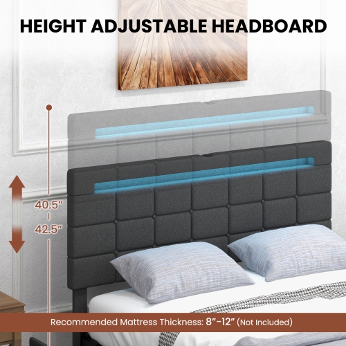 Lit plateforme recouvert DEL de Costway avec 4 tiroirs de rangement et ports USB - lit double - Gris