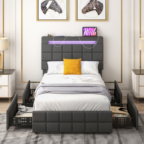 athlete Morbidity Useful Costway LED Upholstered Platform Bed w/4 Storage Drawers & USB Ports - Twin  - Grey | Best Buy Canada
