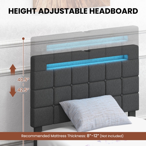 Lit plateforme recouvert DEL de Costway avec 4 tiroirs de rangement et ports USB - lit simple - Gris