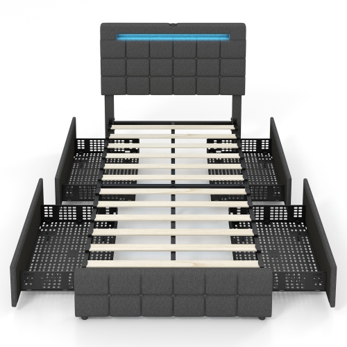Lit plateforme recouvert DEL de Costway avec 4 tiroirs de rangement et ports USB - lit simple - Gris