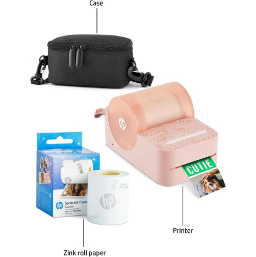 HP Sprocket Panorama Portable Color Label Printer & Photo Printer Bundle with Case & Zink Paper Roll, Pink