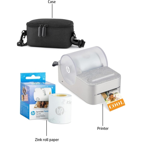 HP Sprocket Panorama Portable Color Label Printer & Photo Printer Bundle with Case & Zink Paper Roll, White
