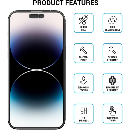 Privacy Screen Protector pour Apple iPhone 15 et Apple iPhone 14 Pro, film en verre trempé anti-espion, Étui