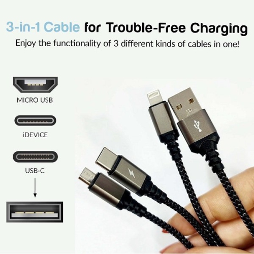 TRANYOO 1.2M 3 in 1 Fast Charging Braided Multi Charger Cable
