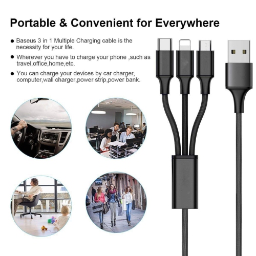 TRANYOO 1.2M 3 in 1 Fast Charging Braided Multi Charger Cable