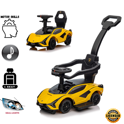 Jouet porteur Lamborghini Sian pour enfants de KidsVIP avec lumières, lecteur de musique et poignée amovible pour les parents