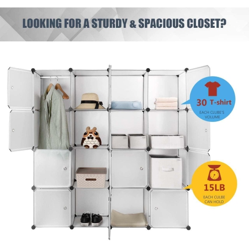16 Cube Plastic Portable Organizer Closet Organizer,Bedroom Armoire Wardrobe with Hanging Rod Bookcase and Storage Cabinet
