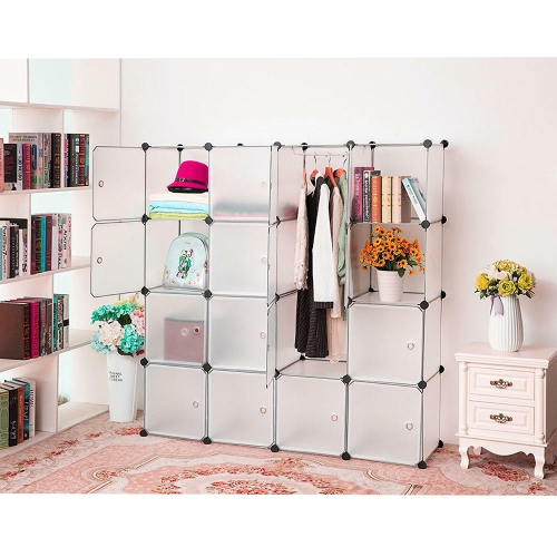 16 Cube Plastic Portable Organizer Closet Organizer,Bedroom Armoire Wardrobe with Hanging Rod Bookcase and Storage Cabinet