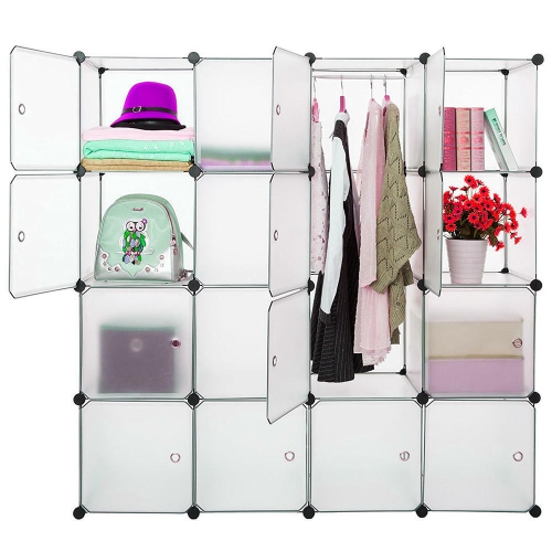 16 Cube Plastic Portable Organizer Closet Organizer,Bedroom Armoire Wardrobe with Hanging Rod Bookcase and Storage Cabinet