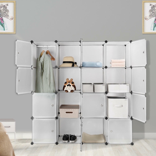 16 Cube Plastic Portable Organizer Closet Organizer,Bedroom Armoire Wardrobe with Hanging Rod Bookcase and Storage Cabinet