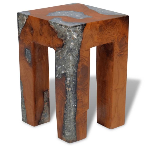 vidaXL Solid Teak Wood Stool, Transparent Resin with Crushed Glass, 11.8" x 11.8" x 15.7" Brown