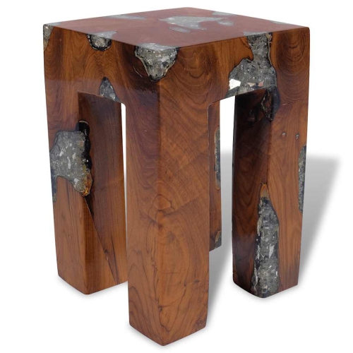 vidaXL Solid Teak Wood Stool, Transparent Resin with Crushed Glass, 11.8" x 11.8" x 15.7" Brown