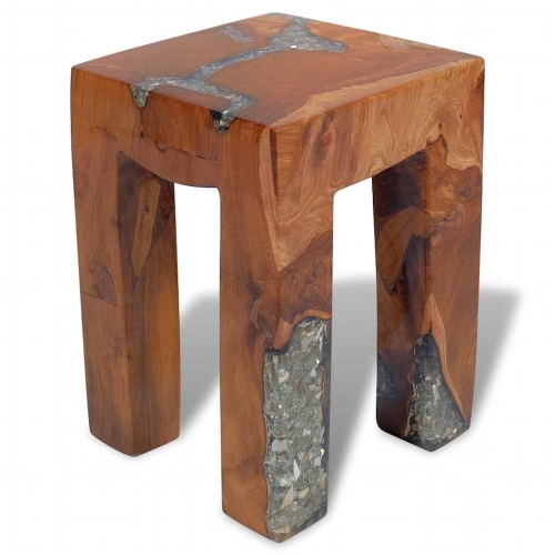 vidaXL Solid Teak Wood Stool, Transparent Resin with Crushed Glass, 11.8" x 11.8" x 15.7" Brown