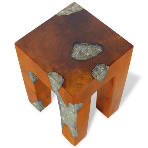 vidaXL Solid Teak Wood Stool, Transparent Resin with Crushed Glass, 11.8" x 11.8" x 15.7" Brown